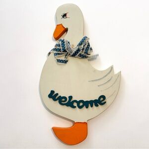 Vintage Wooden Duck Welcome Sign Ribbon Bow Door Hanger Painted Goose Cottage